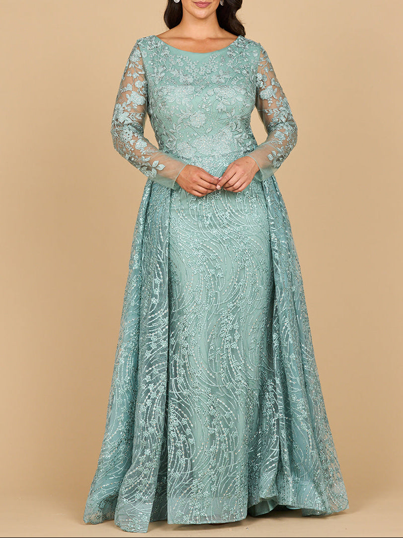 Long Sleeve Gown with Overskirt & Illusion Neckline Lara New York
