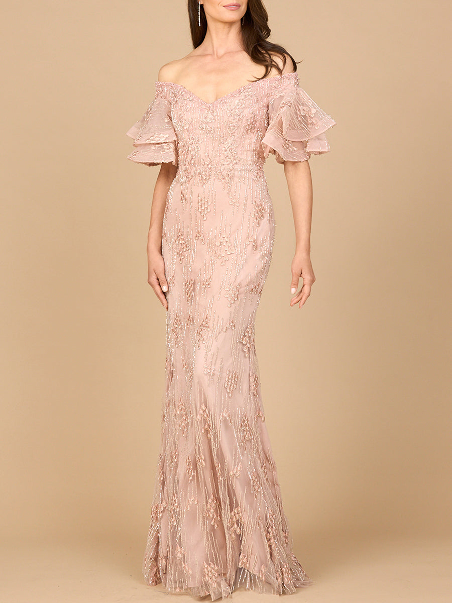 Off Shoulder Mermaid Gown with Tiered Sleeves Lara New York