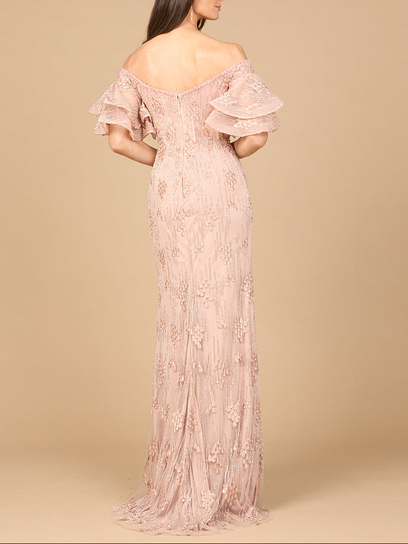 Off Shoulder Mermaid Gown with Tiered Sleeves Lara New York