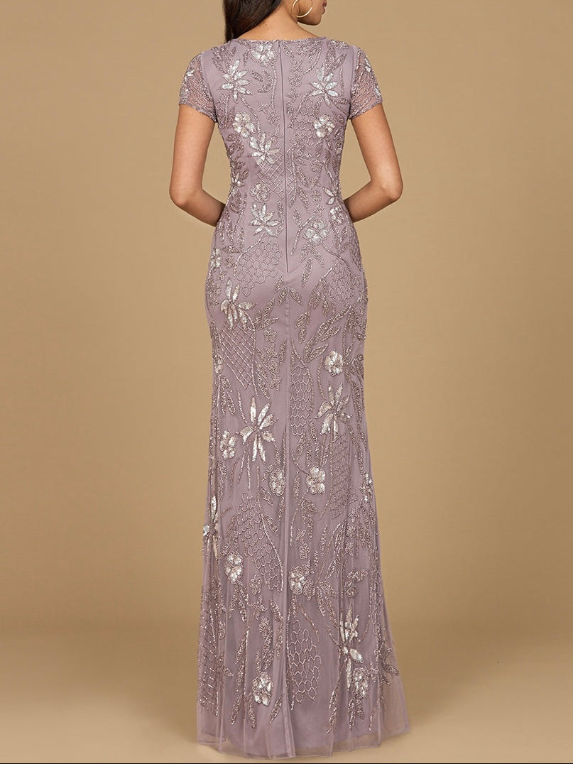 V-Neck, Short Sleeve Beaded Gown Lara New York