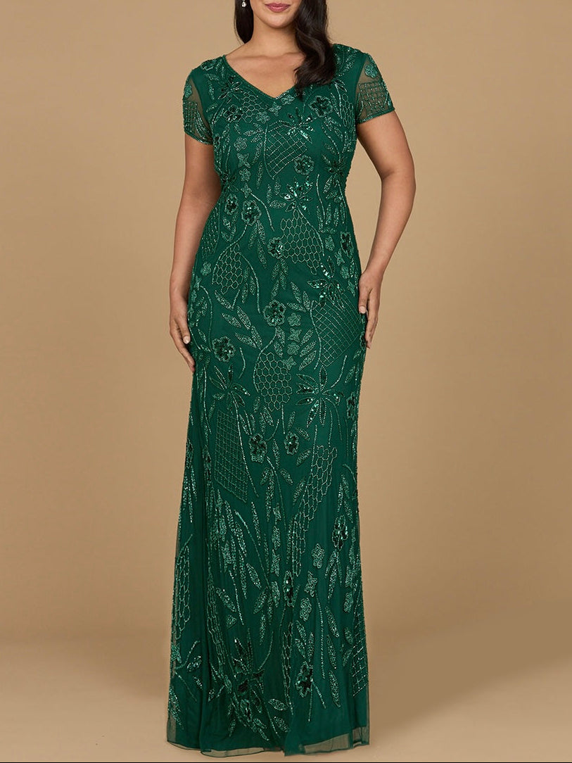 V-Neck, Short Sleeve Beaded Gown Lara New York