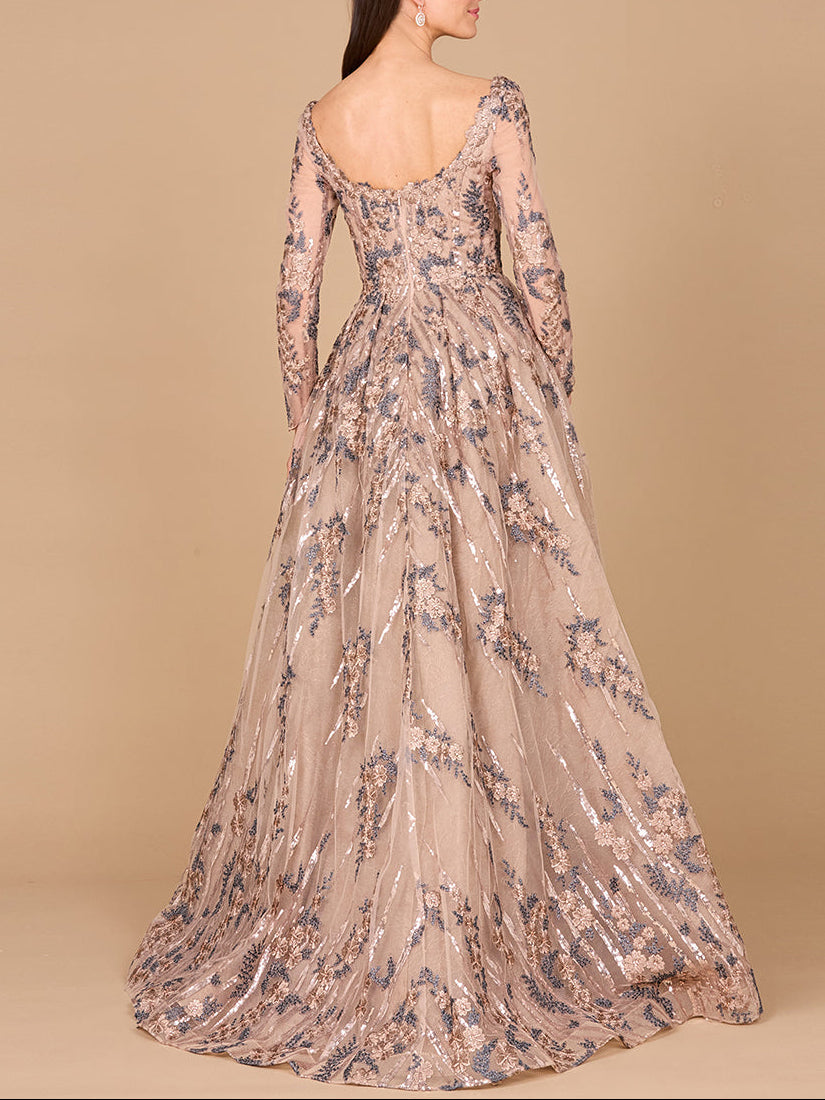 Long Sleeve Scoop Neck Lace Gown with Overskirt Lara New York
