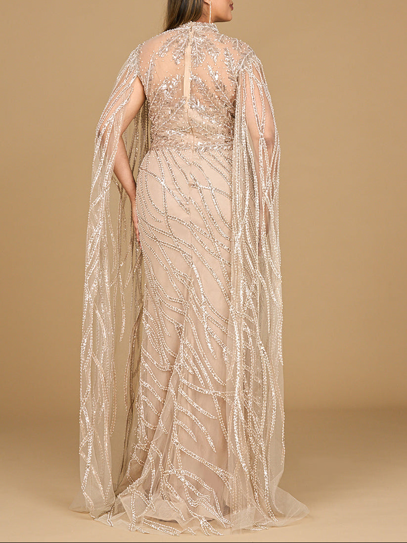 High Neck Gown with Long Cape Sleeves Lara New York