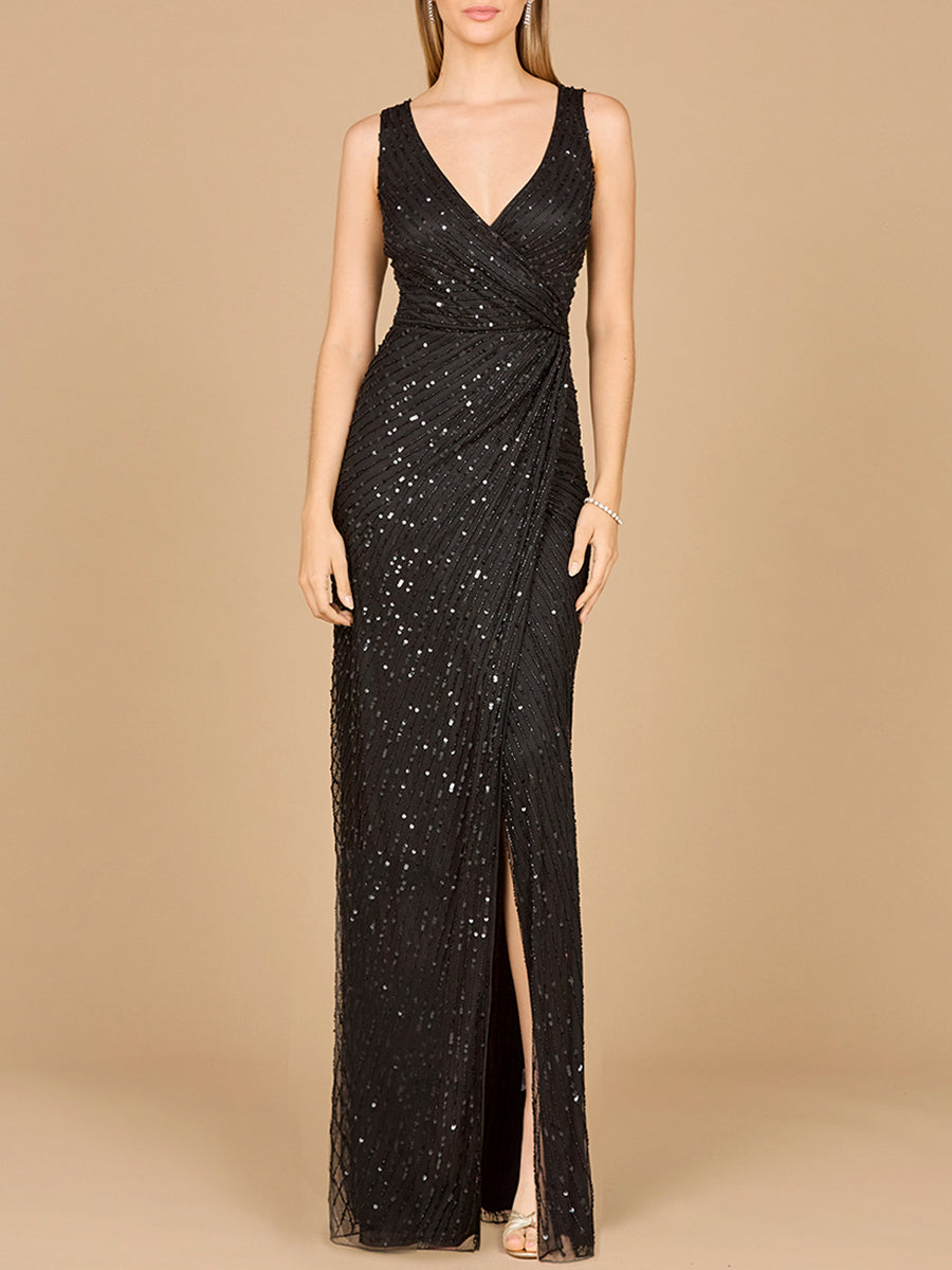 Beaded Black Gown with Slit Lara New York