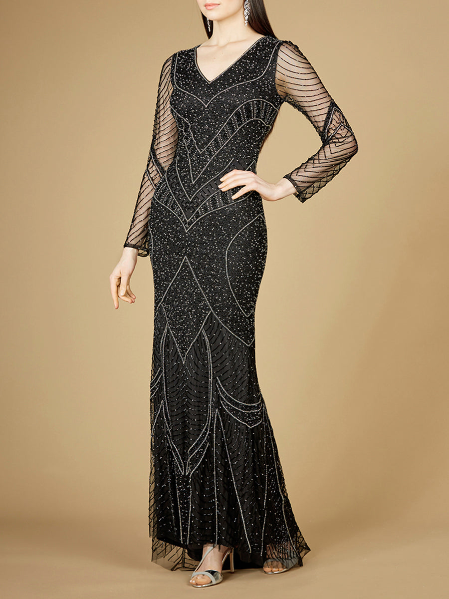 Long Sleeve Beaded Dresses with Sheer Sleeves - OUTLET Lara New York