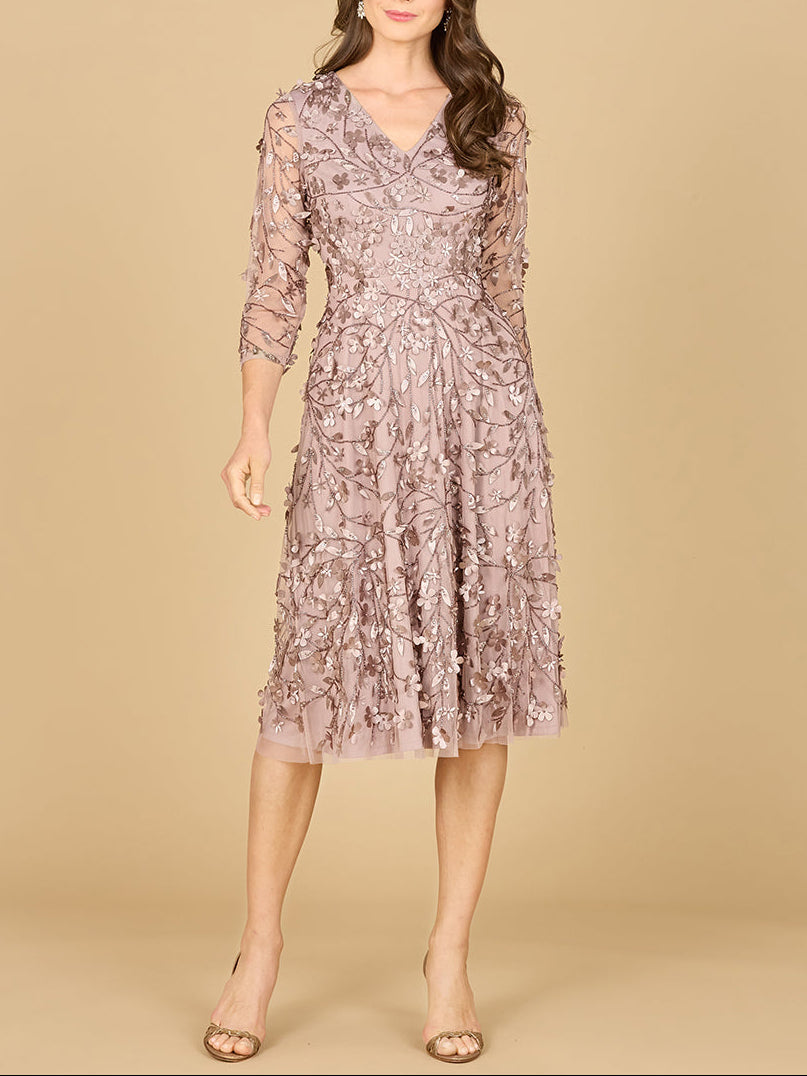 Flowing, 3D Embroidered Midi Dress with Sleeves Lara New York