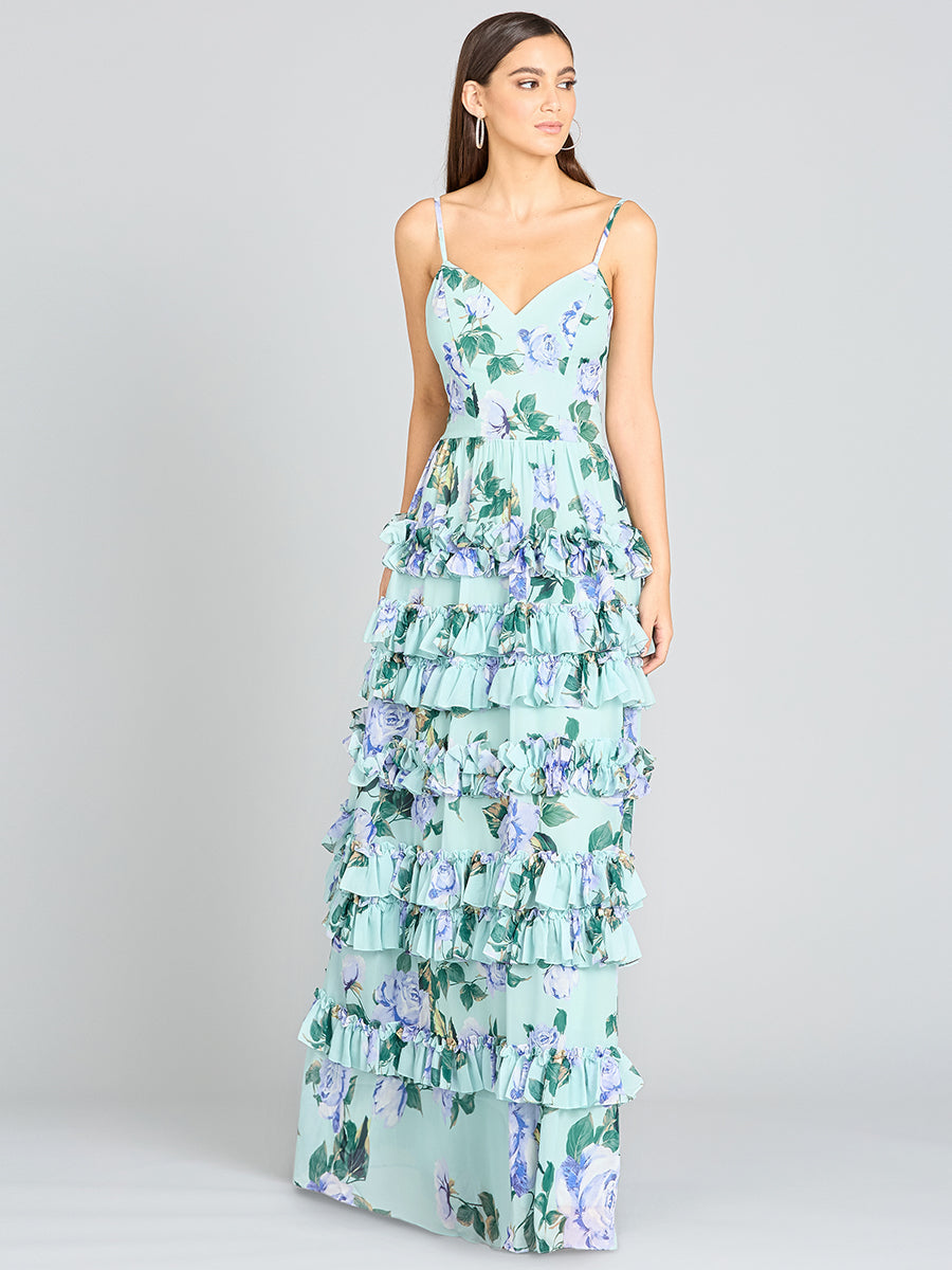 Ruffle Skirt Printed Gown with Spaghetti Straps - OUTLET Lara New York