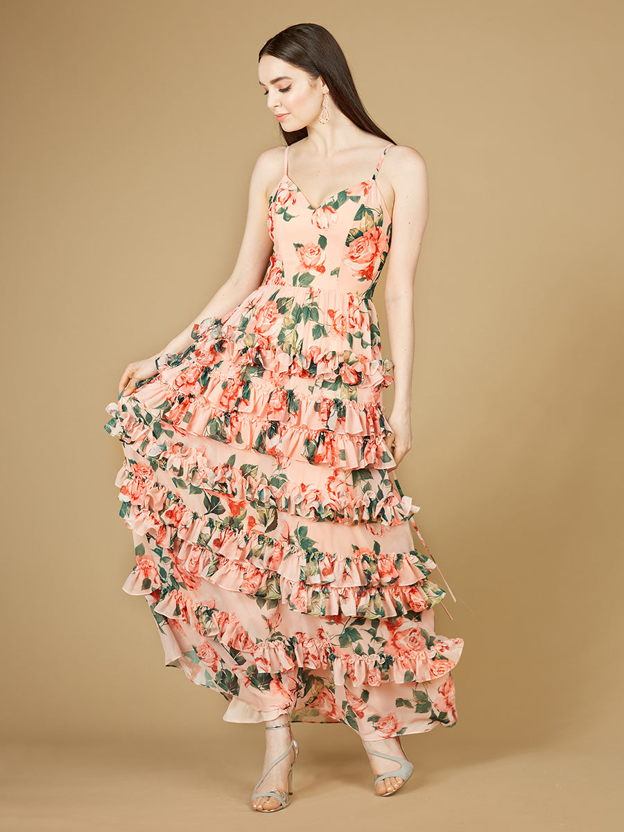 Ruffle Skirt Printed Gown with Spaghetti Straps - OUTLET Lara New York