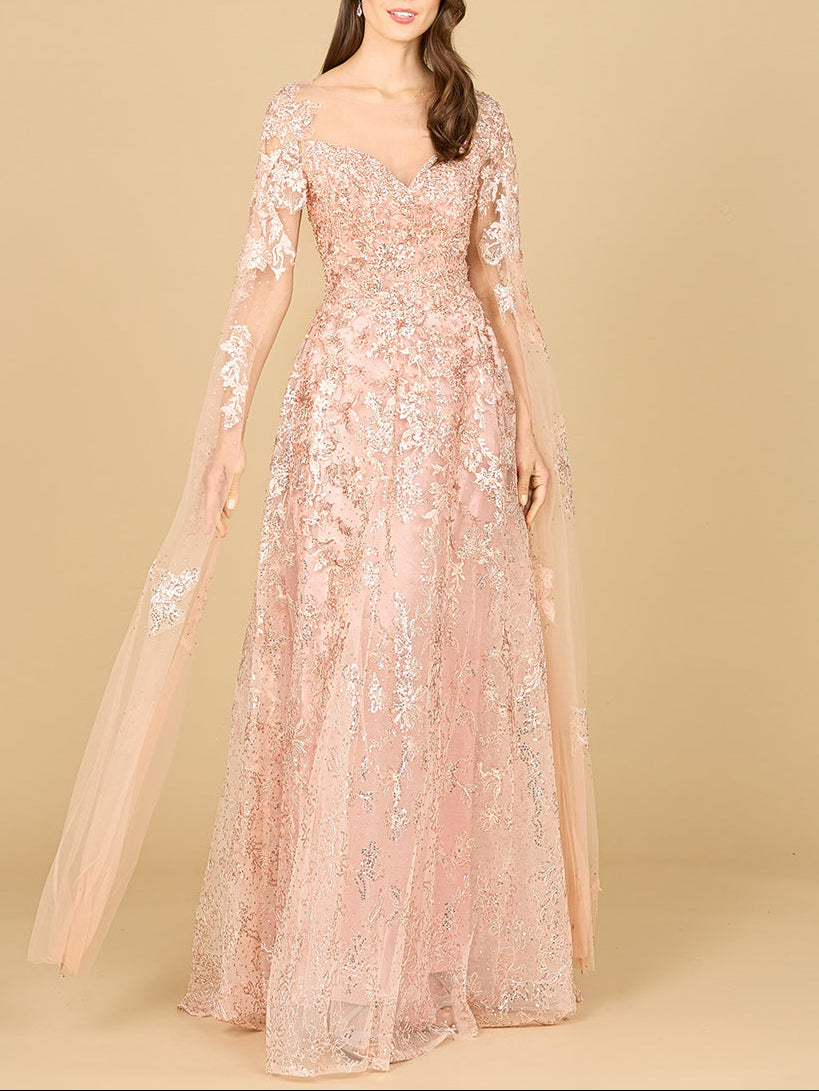 Lace Gown with Cape Sleeves, Sweetheart Neckline | 29300 Lara New York