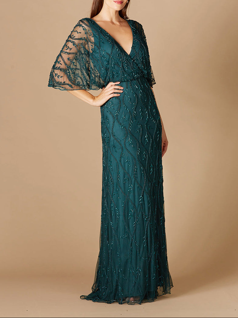 Illusion Cape Sleeve Beaded Gown Lara New York