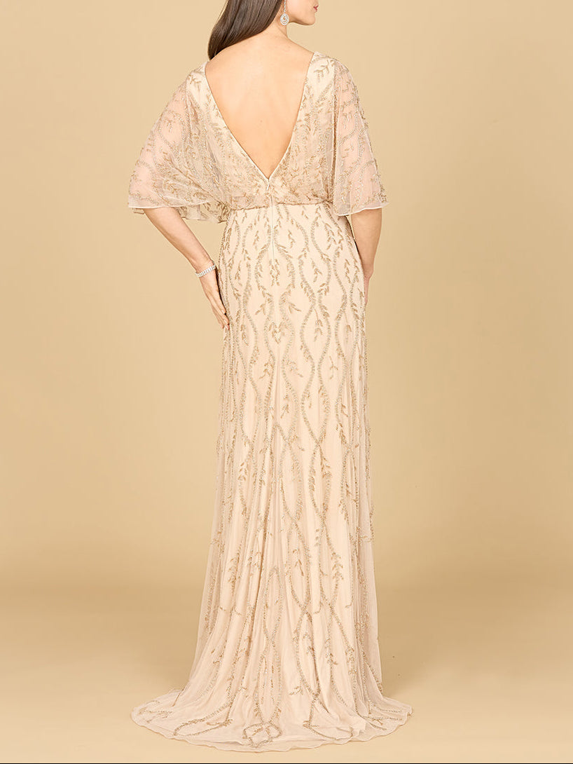 Illusion Cape Sleeve Beaded Gown Lara New York
