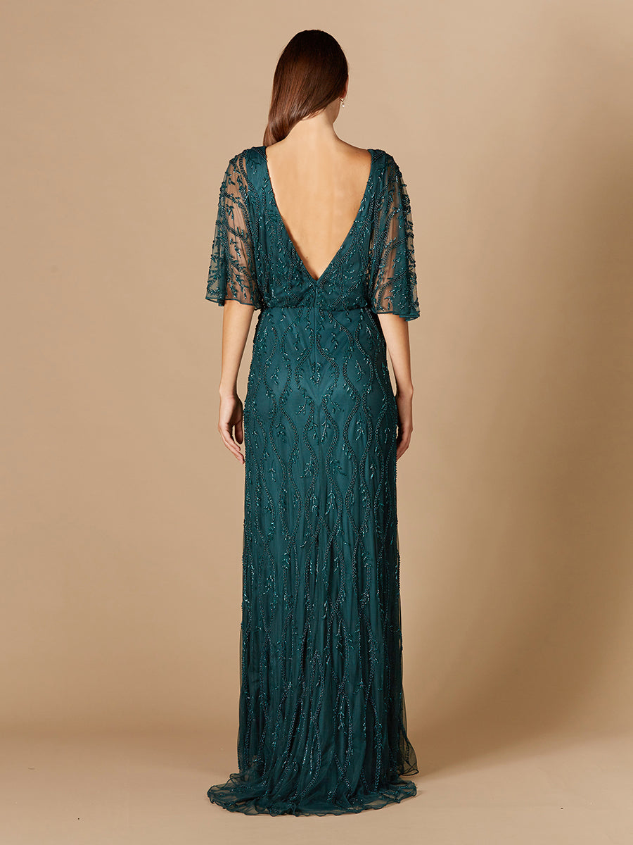 Illusion Cape Sleeve Beaded Gown Lara New York