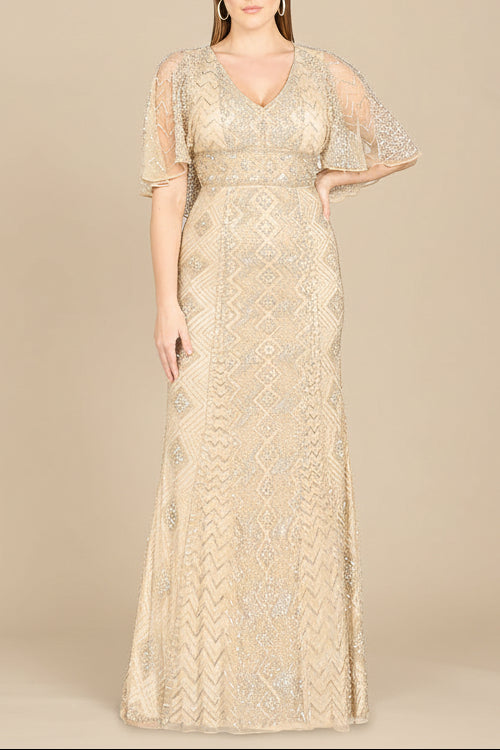 Lara 29397 - Cape Sleeve V-Neck Beaded Gown - OUTLET Lara New York