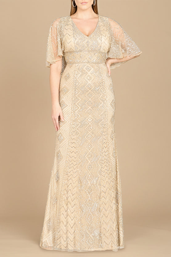 Lara 29397 - Cape Sleeve V-Neck Beaded Gown - OUTLET Lara New York