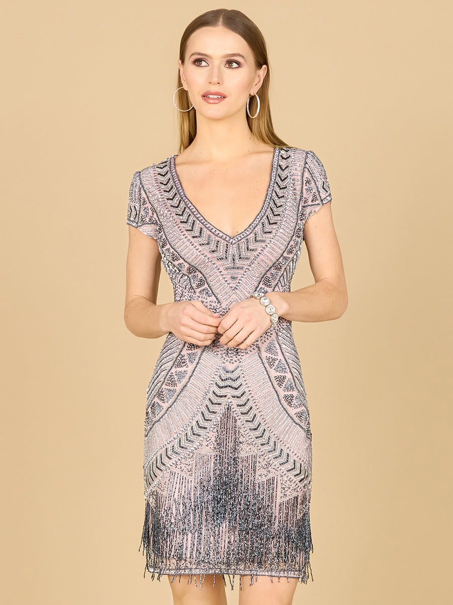 Lara Brooklyn Beaded Fitted Short Dress with Open Back Lara New York