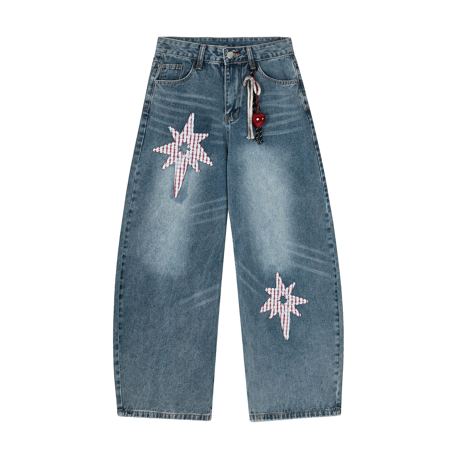 Gingham Star Patchwork Straight Denim - Designer Distressed Star Motif Jeans | LuxuryUrbanwear - Luxuryurbanwear