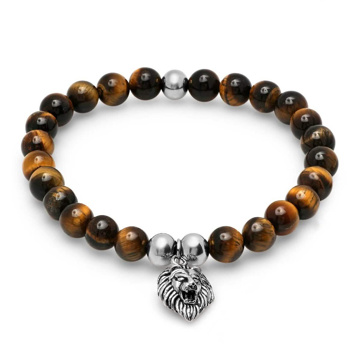 3-Piece Set: Tiger Eye and Black Lava Beaded Bracelet with Stainless Steel Lion DailySale
