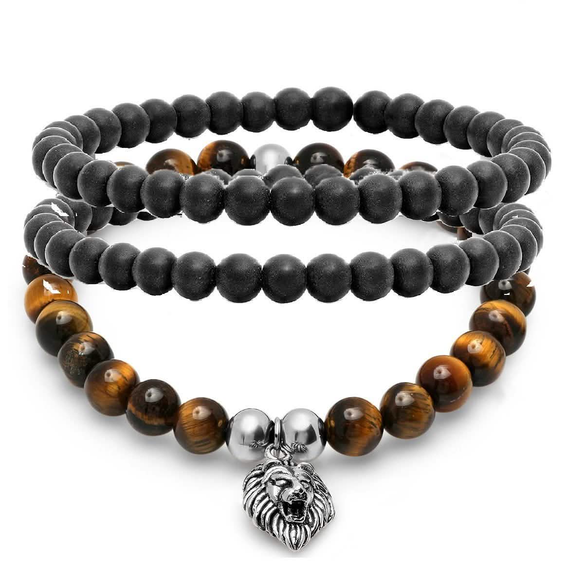 3-Piece Set: Tiger Eye and Black Lava Beaded Bracelet with Stainless Steel Lion DailySale
