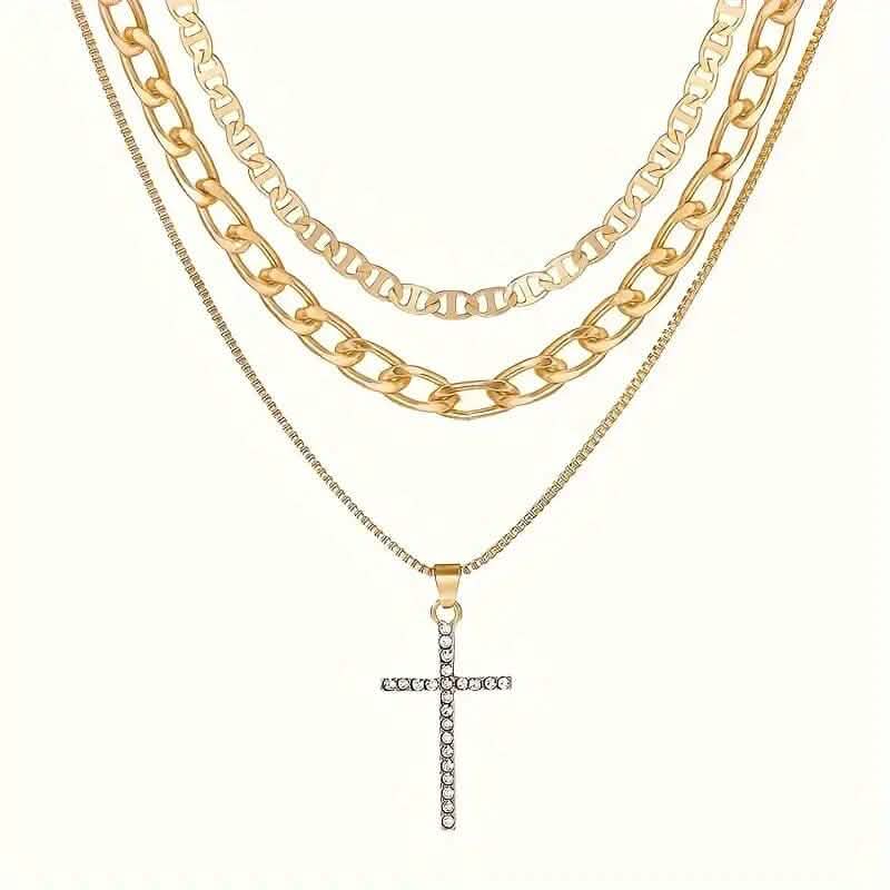 3-Piece: Women's Retro Luxury Artificial Crystal Cross Stackable Necklace Set DailySale