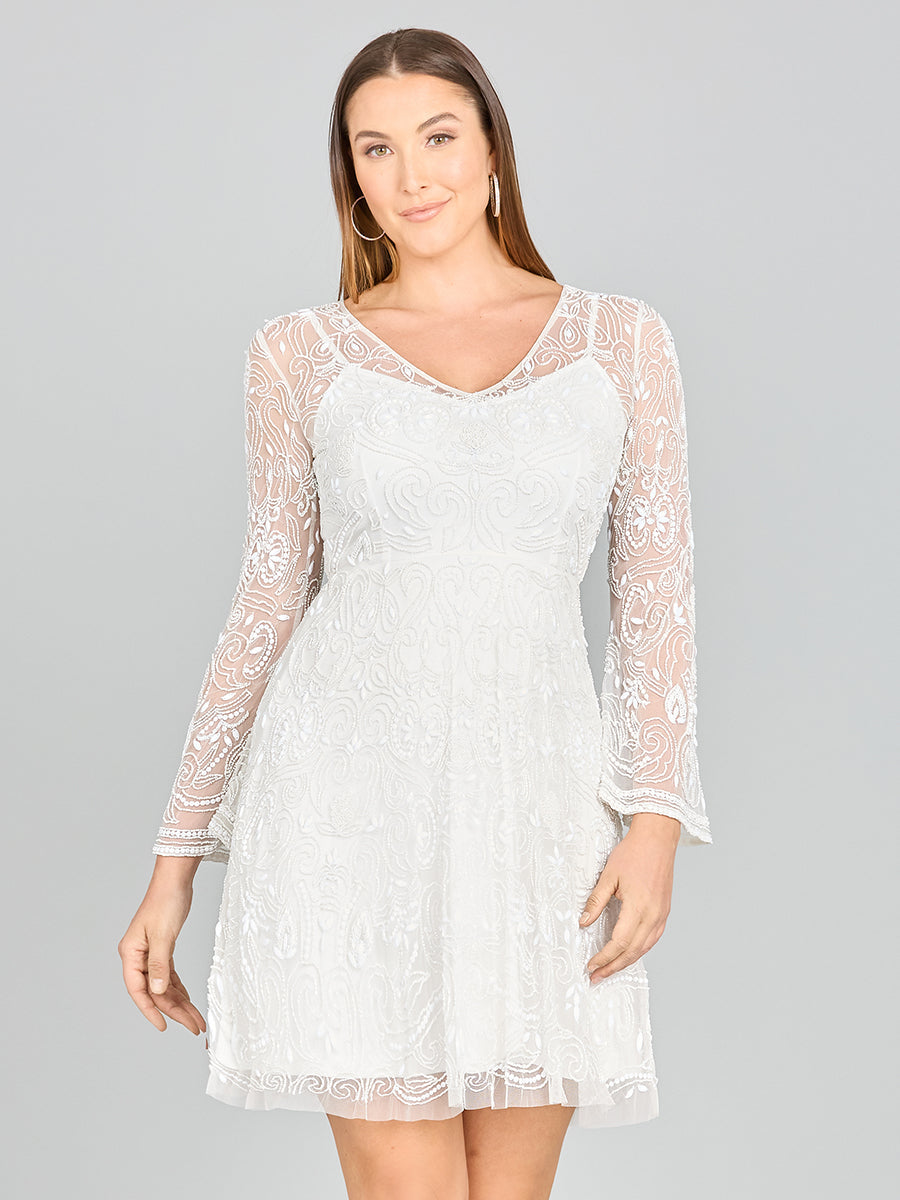 Lara Eliza Beaded A-line Bell Sleeve Bridal Short Dress Lara New York