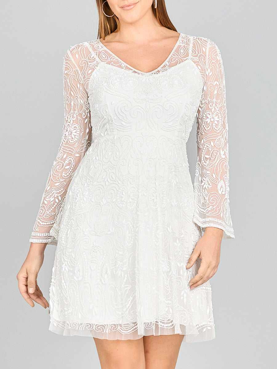 Lara Eliza Beaded A-line Bell Sleeve Bridal Short Dress Lara New York