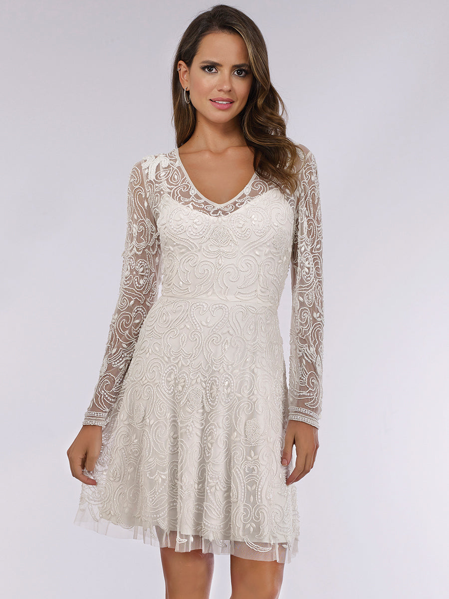 Lara Eliza Beaded A-line Bell Sleeve Bridal Short Dress Lara New York