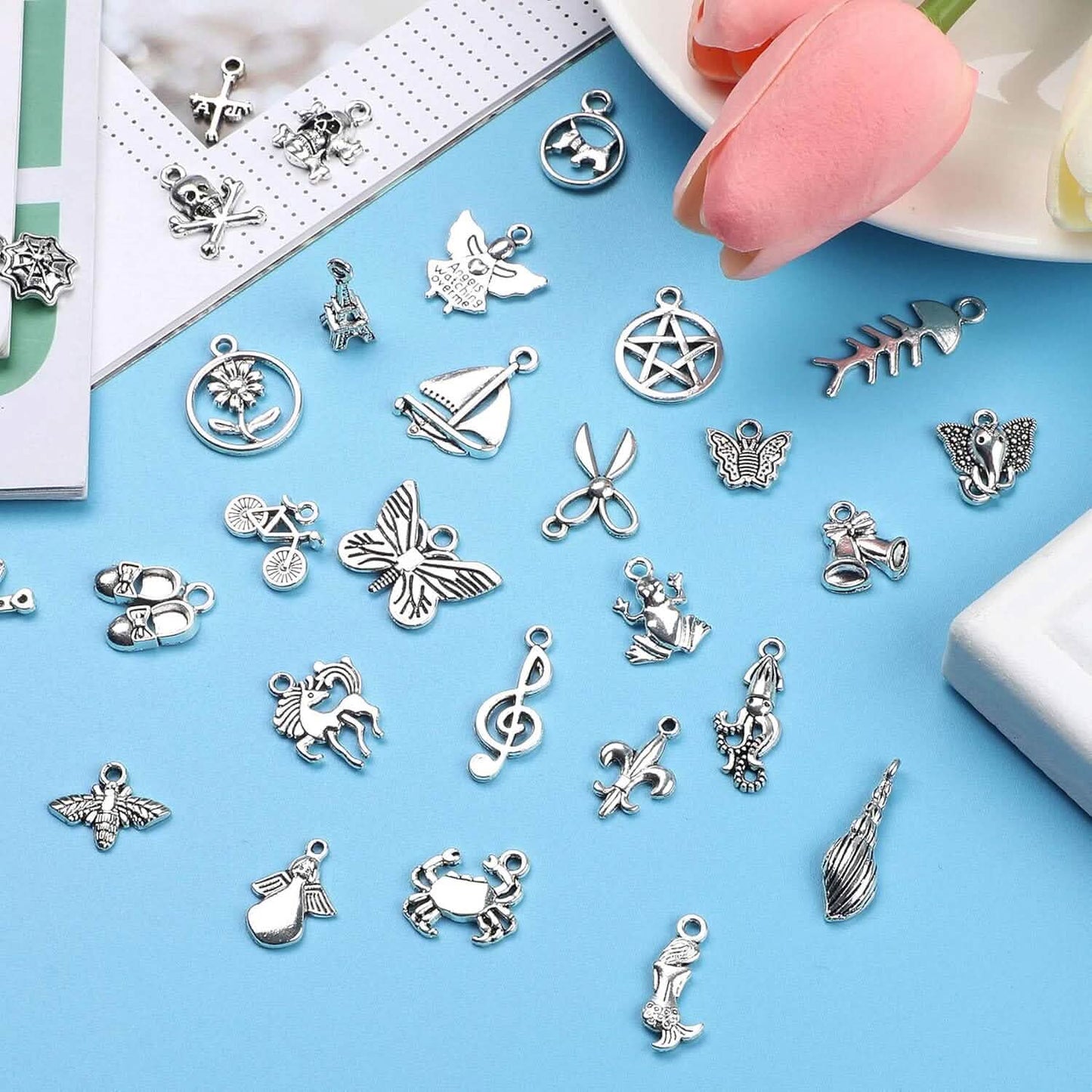 50-Pieces: Silver Charms for Jewelry Making Wholesale Bulk Tibetan Silver Charm Pendants for DIY Necklace Bracelet Earring Craft Supplies DailySale