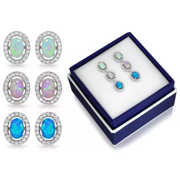 3CTW Oval Halo White, Blue, Pink Trio Opal Stud Earring Set DailySale