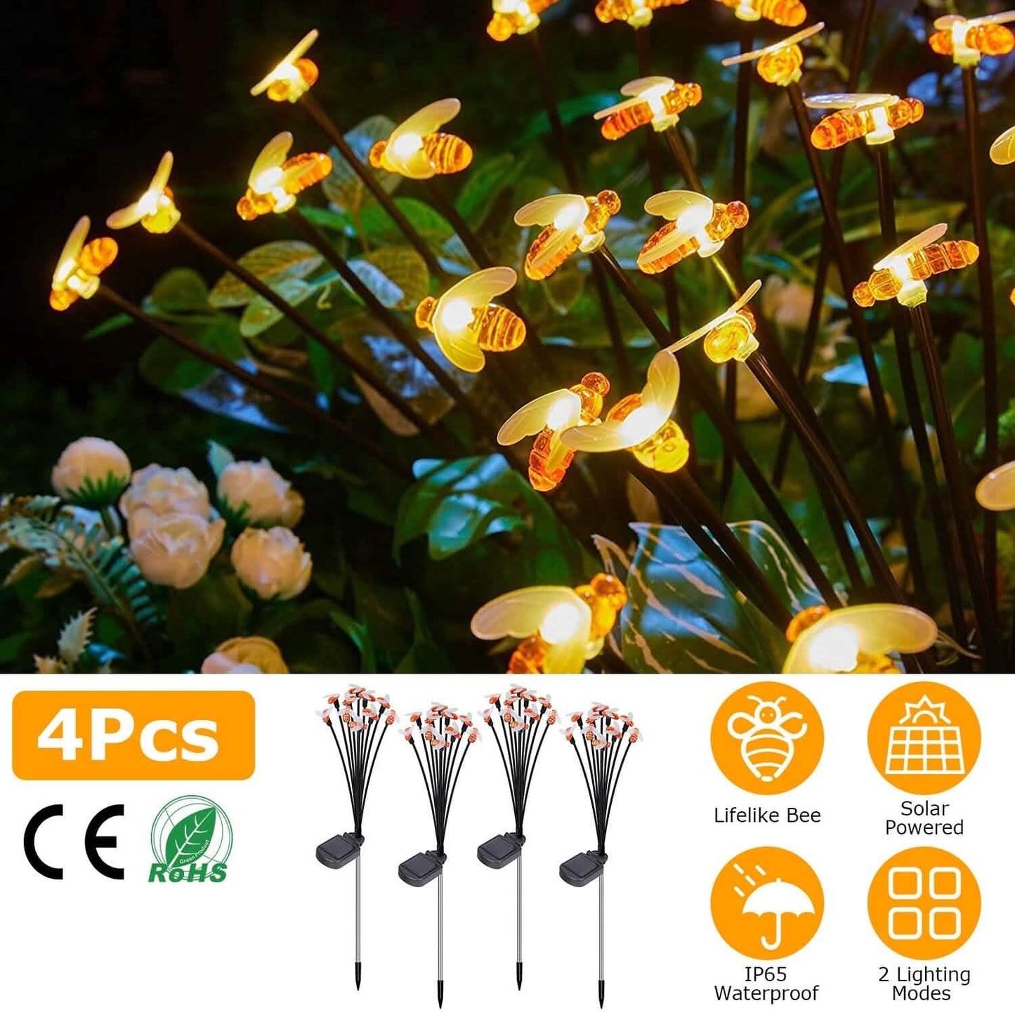 4-Pack: Solar Powered Stake Bee Light 2 Lighting Mode Lifelike Firefly DailySale