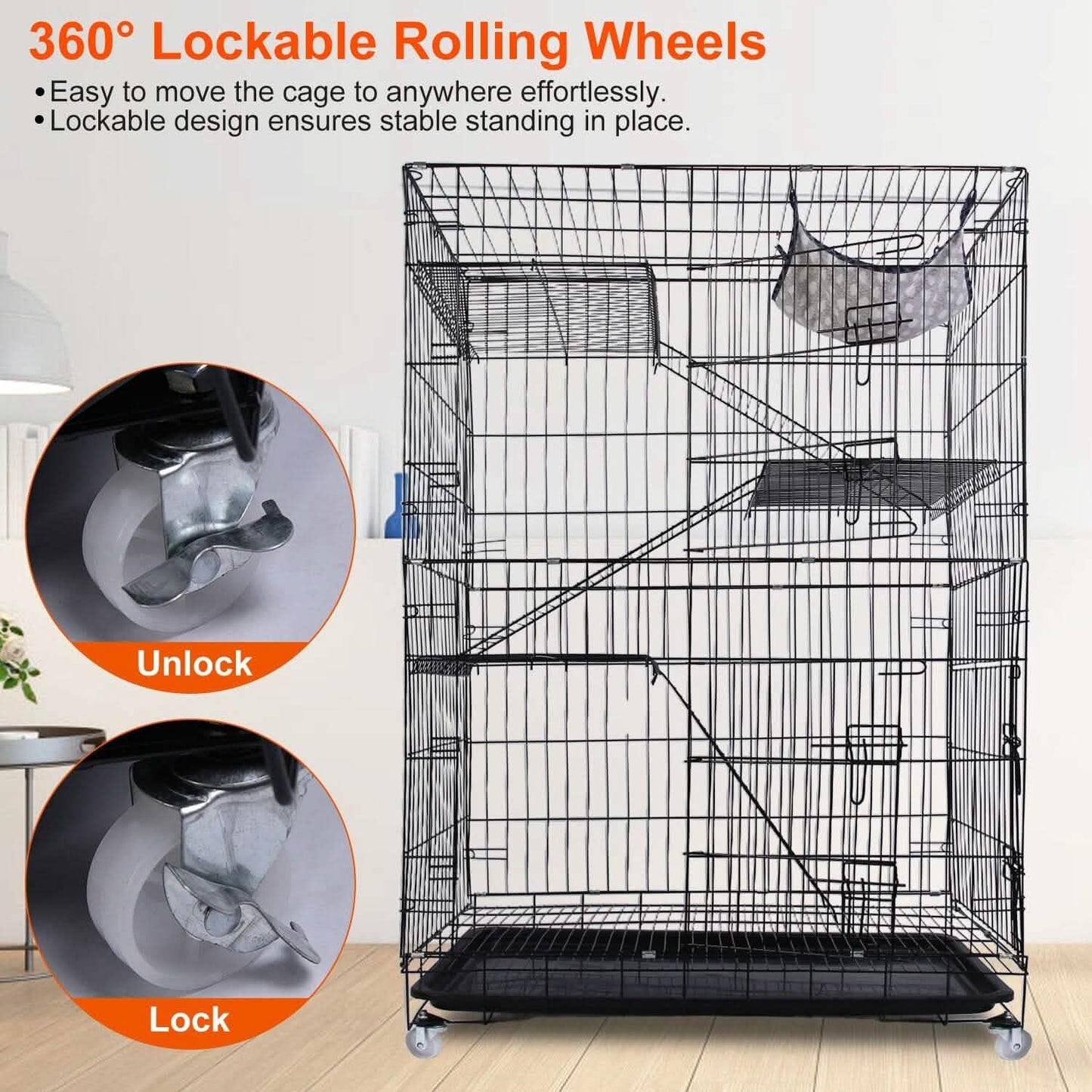 4-Tier Cat Cage with 360° Lockable Wheels, 3 Doors, 3 Ladders and 1 Hammock DailySale