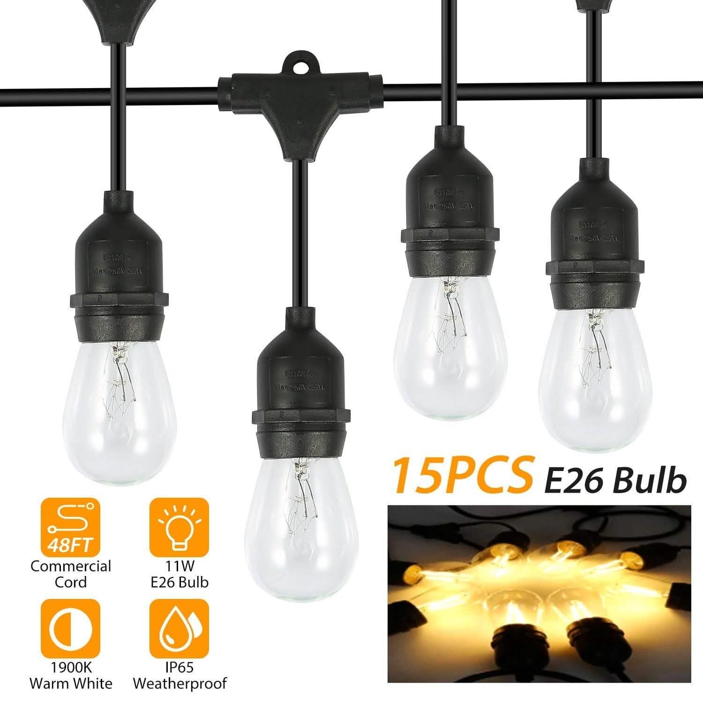 48ft Outdoor String Light Waterproof Patio String Lights Bulbs DailySale