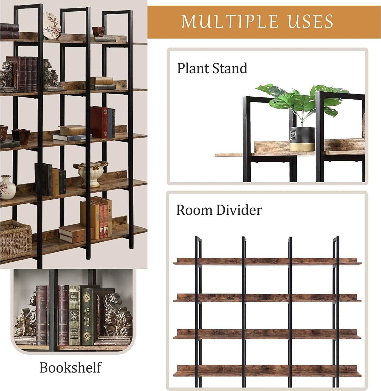5-Tier Bookcase Tall Bookshelf, Storage Shelf with Metal Frame DailySale