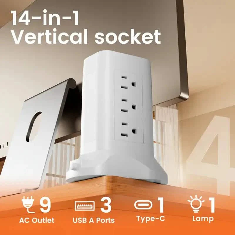 14-in-1 Power Strip Tower with 4 USB Ports & 9 AC Outlets, 10ft Extension Cable, Adjustable 3-Color Night Light DailySale