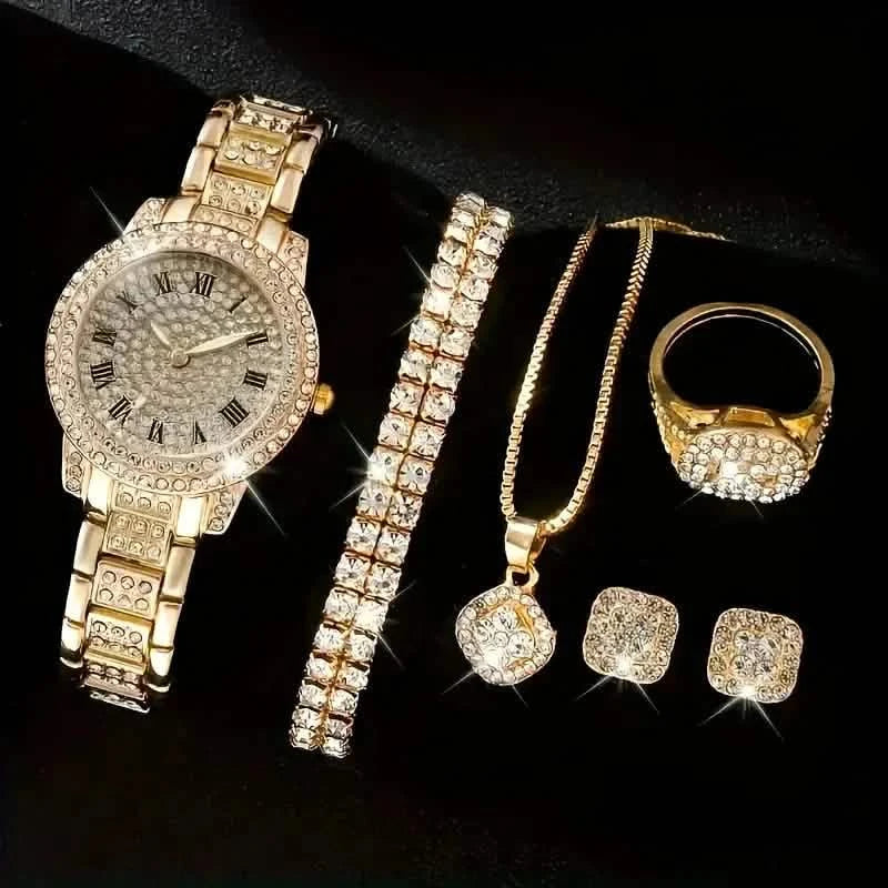 6-Pieces: Elegant Women's Jewelry Set with Quartz Roman Numerals Watch DailySale