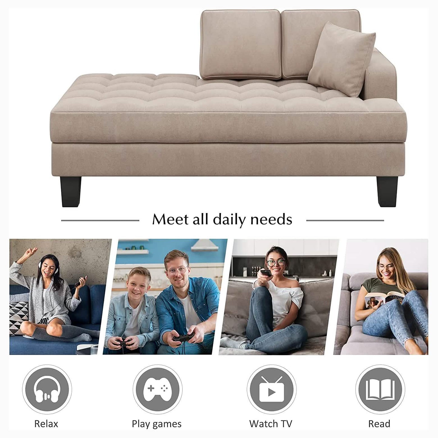 64" Deep Tufted Upholstered Textured Fabric Chaise Lounge Toss Pillow Included DailySale