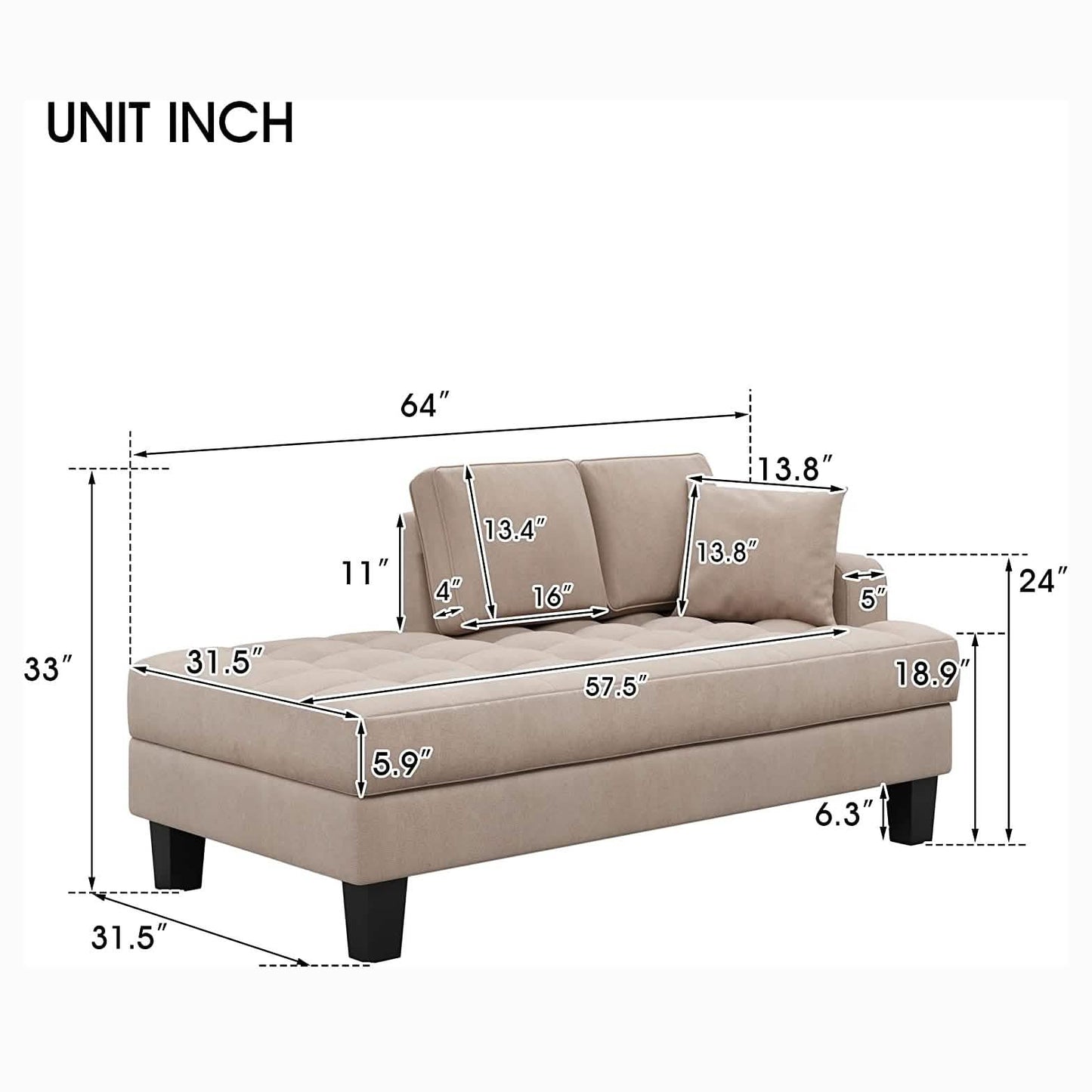 64" Deep Tufted Upholstered Textured Fabric Chaise Lounge Toss Pillow Included DailySale