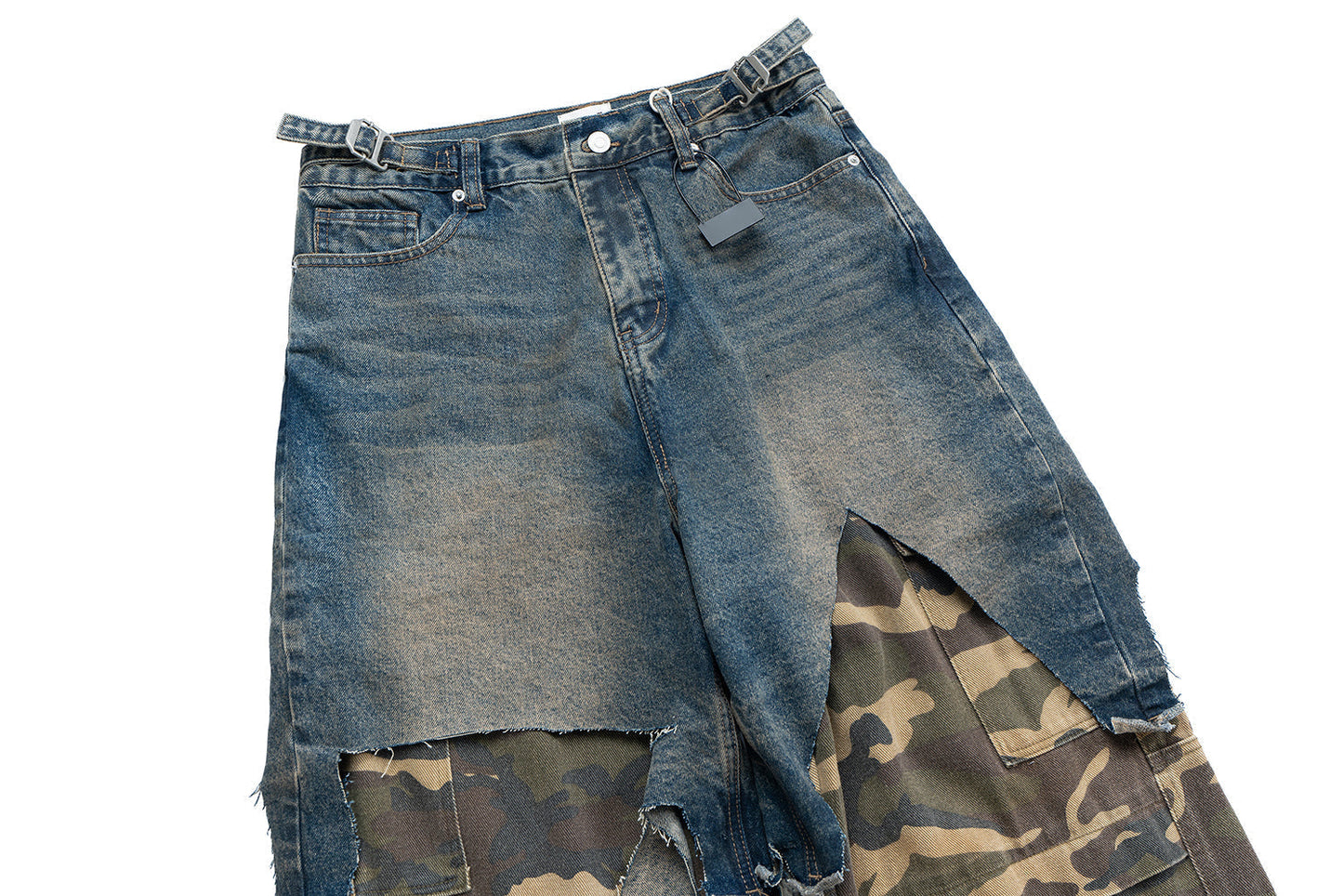 Deconstructed Denim Camo Layered Jeans - Avant-Garde Streetwear | LuxuryUrbanwear - Luxuryurbanwear