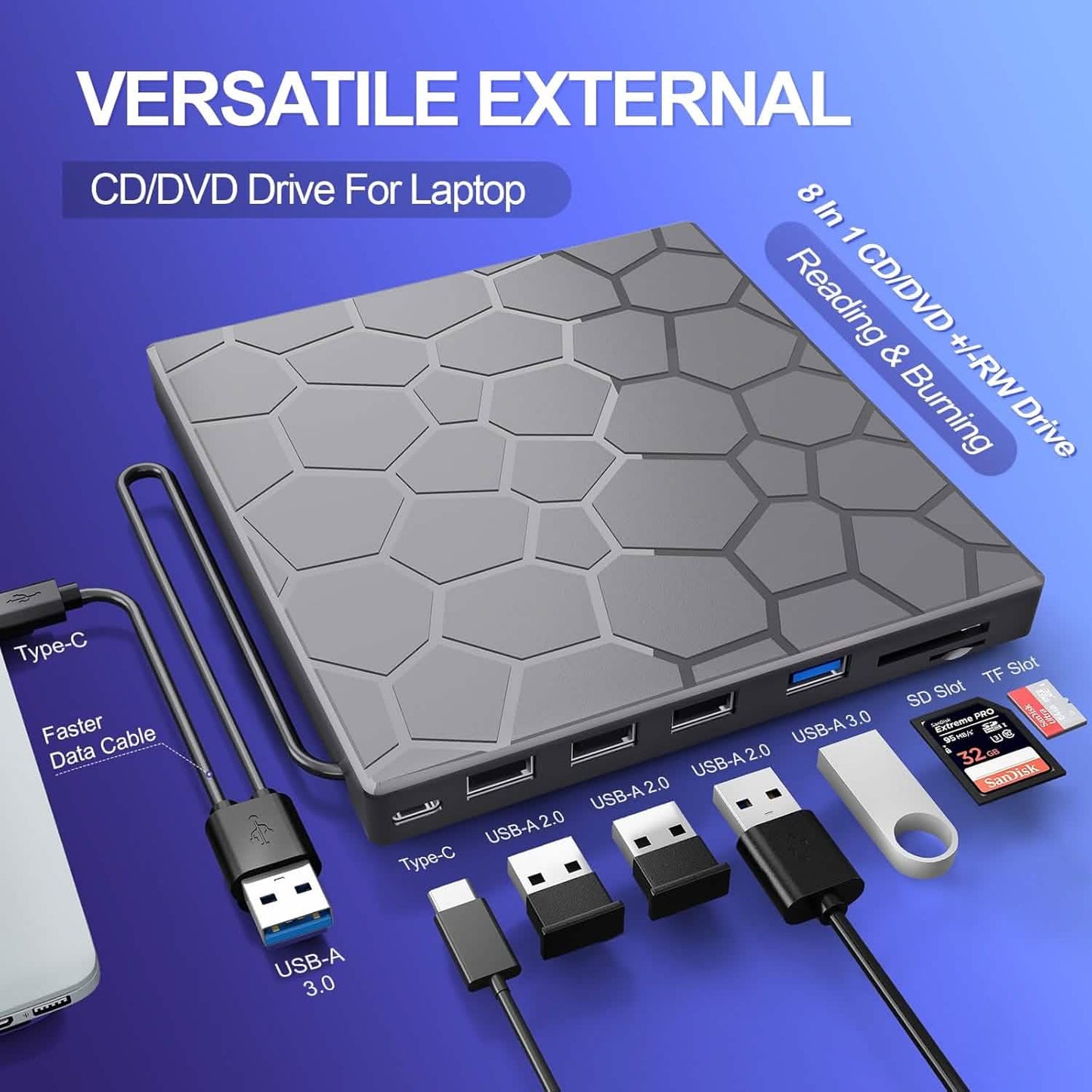 High-Speed USB 3.0 External CD/DVD Drive with Burner – Plug & Play, Windows & Mac Compatible DailySale