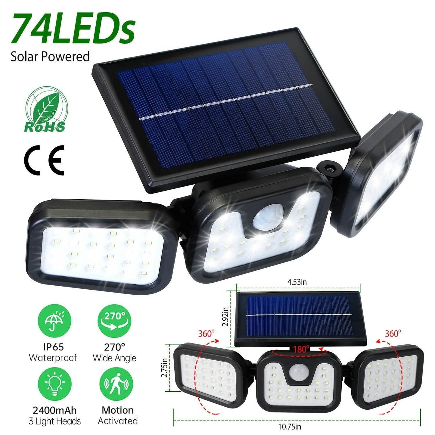 74 LEDs 3 Adjustable Solar Head Motion Sensor Flood Light DailySale
