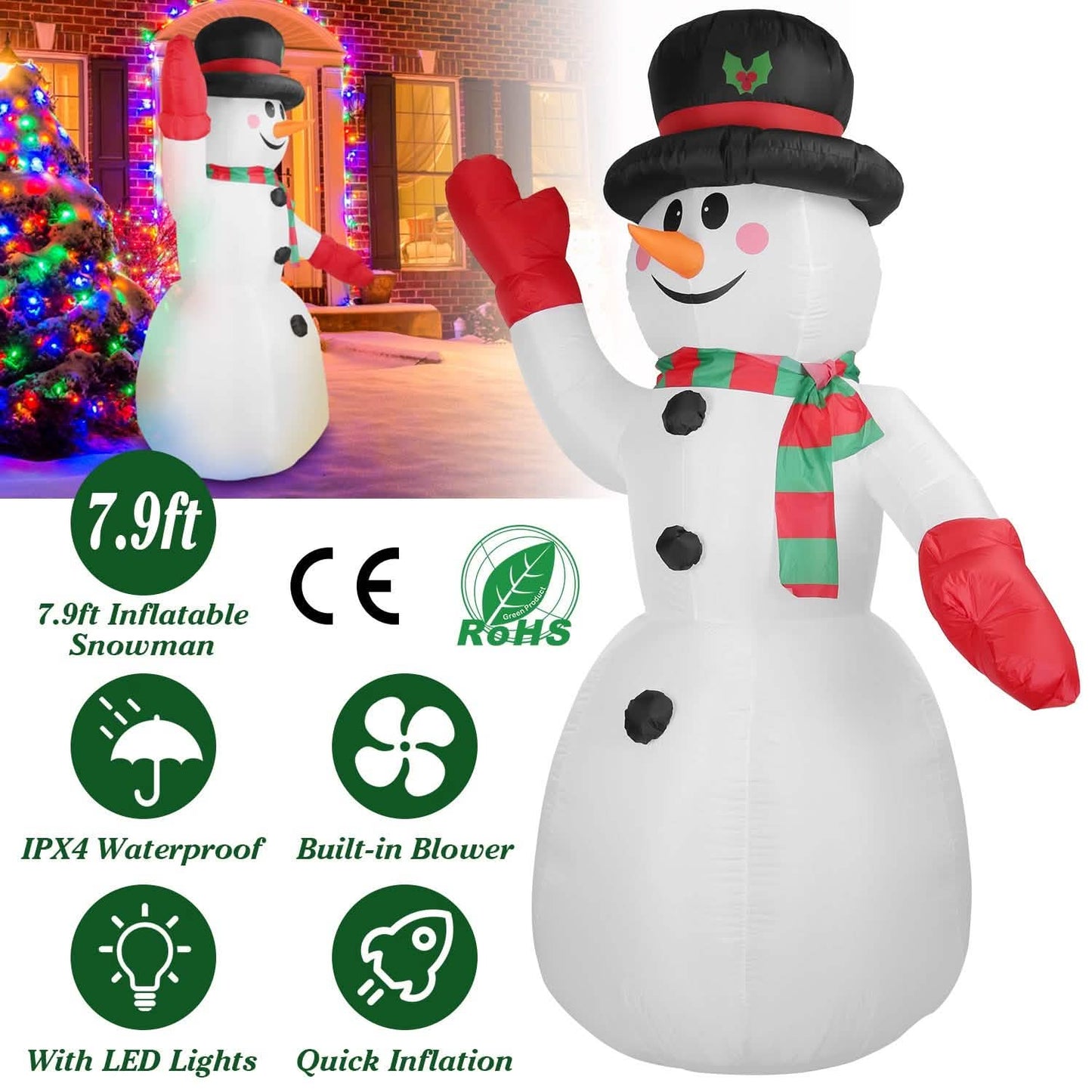 7.9ft Christmas Inflatable Giant Snowman Blow Up with LED Lights Hat Scarf DailySale