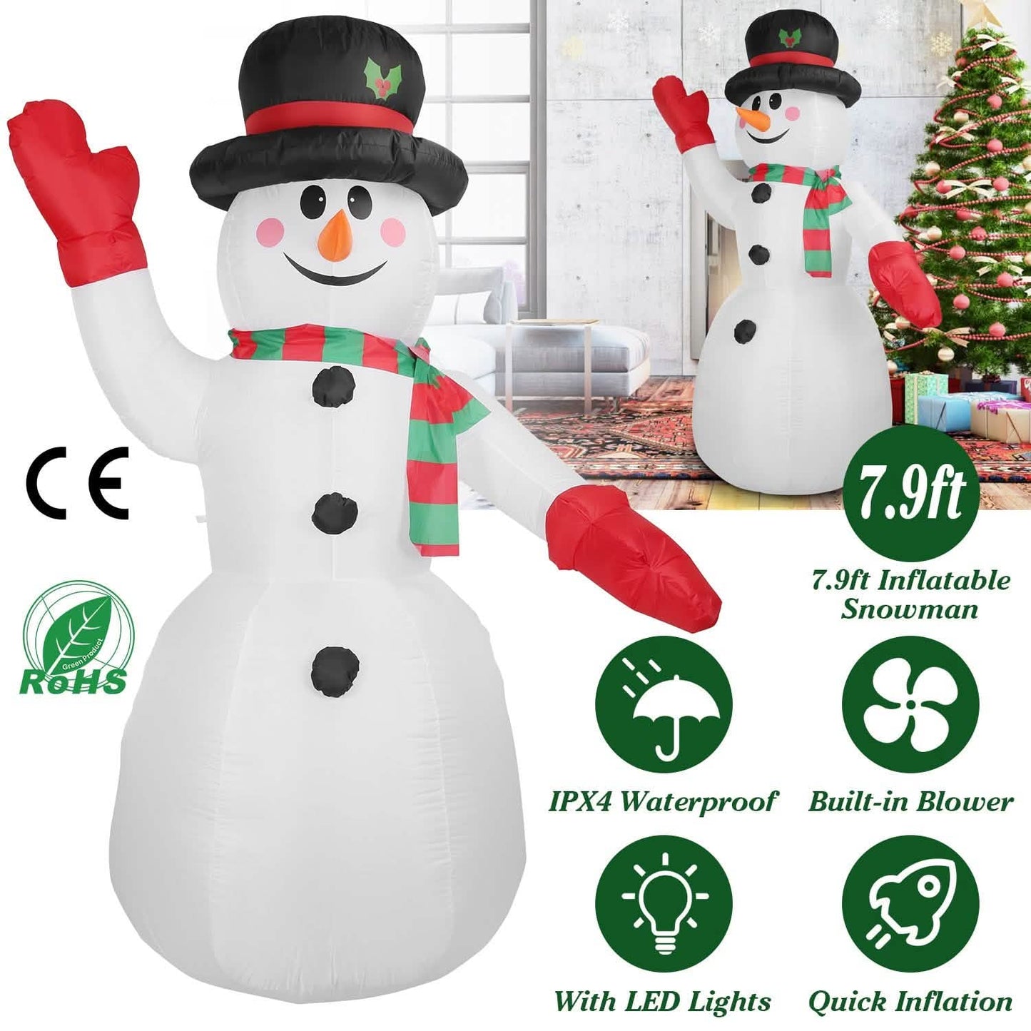 7.9ft Christmas Inflatable Giant Snowman Blow Up with LED Lights Hat Scarf DailySale