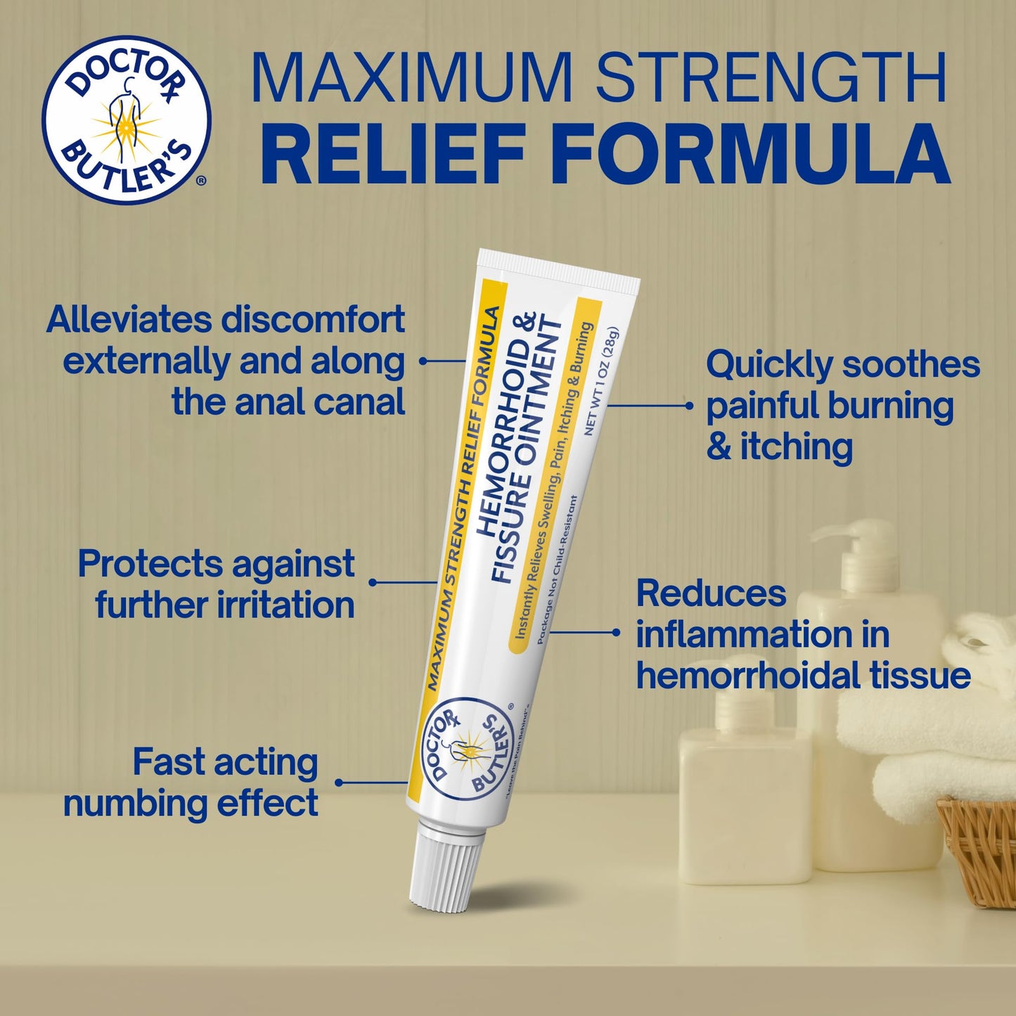 Doctor Butler's Hemorrhoid & Fissure Ointment - Hemorrhoid Cream with Lidocaine and Phenylephrine HCl for Fast-Acting Relief of Pain, Swelling, Discomfort, and Itching (1 oz) Fashionbuy