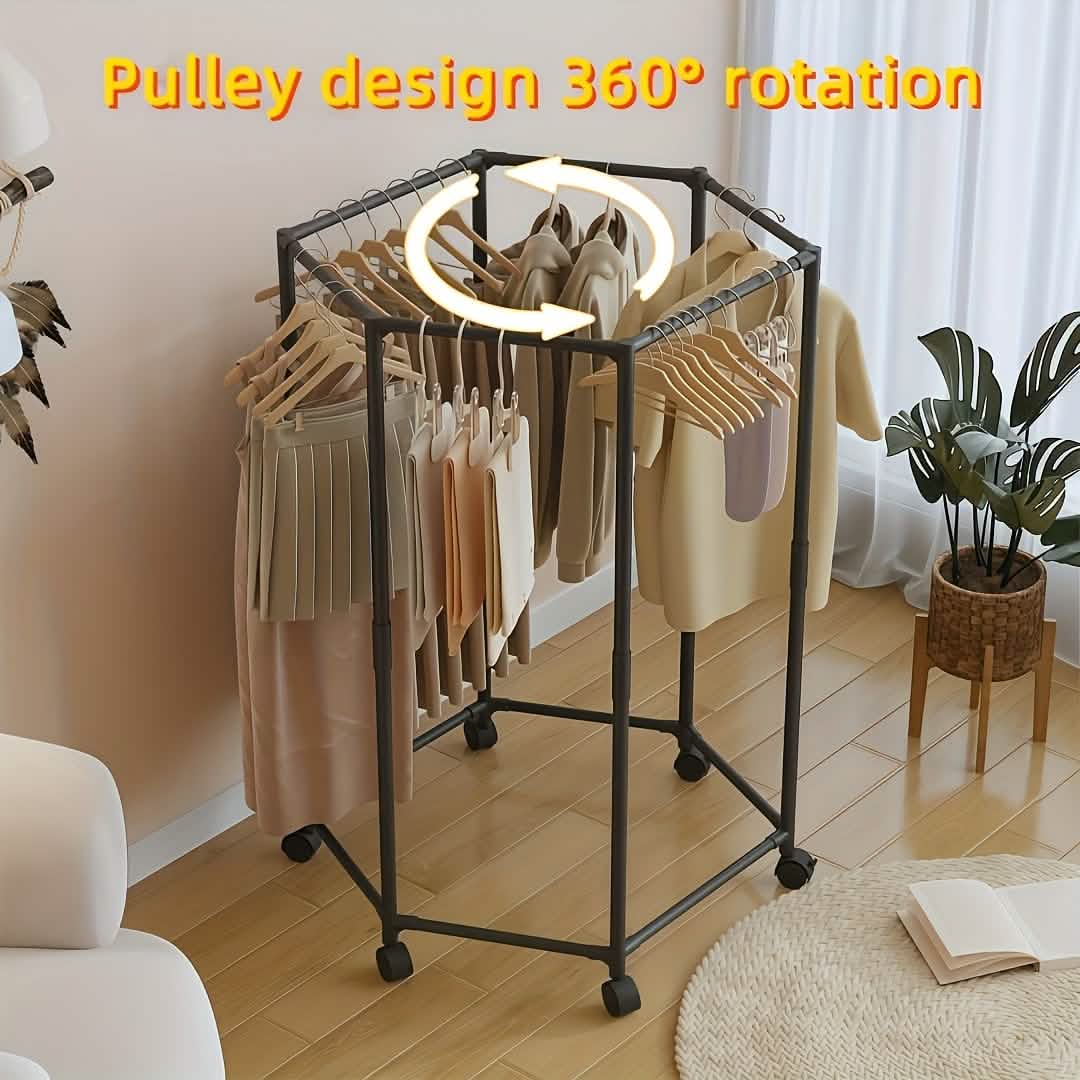 360° Rotating Freestanding Clothing Rack – Hexagonal Carbon Steel Organizer with Wheels DailySale