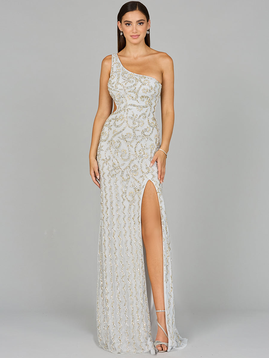 One-Shoulder Beaded Gown with Slit Lara New York