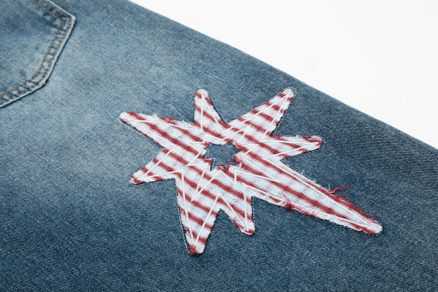 Gingham Star Patchwork Straight Denim - Designer Distressed Star Motif Jeans | LuxuryUrbanwear - Luxuryurbanwear