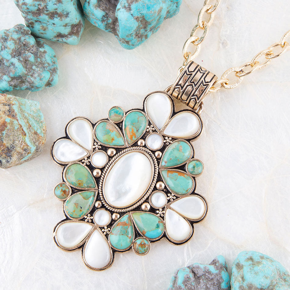 Barcelona Blue Turquoise and Mother of Pearl Golden Statement Necklace Barse Jewelry