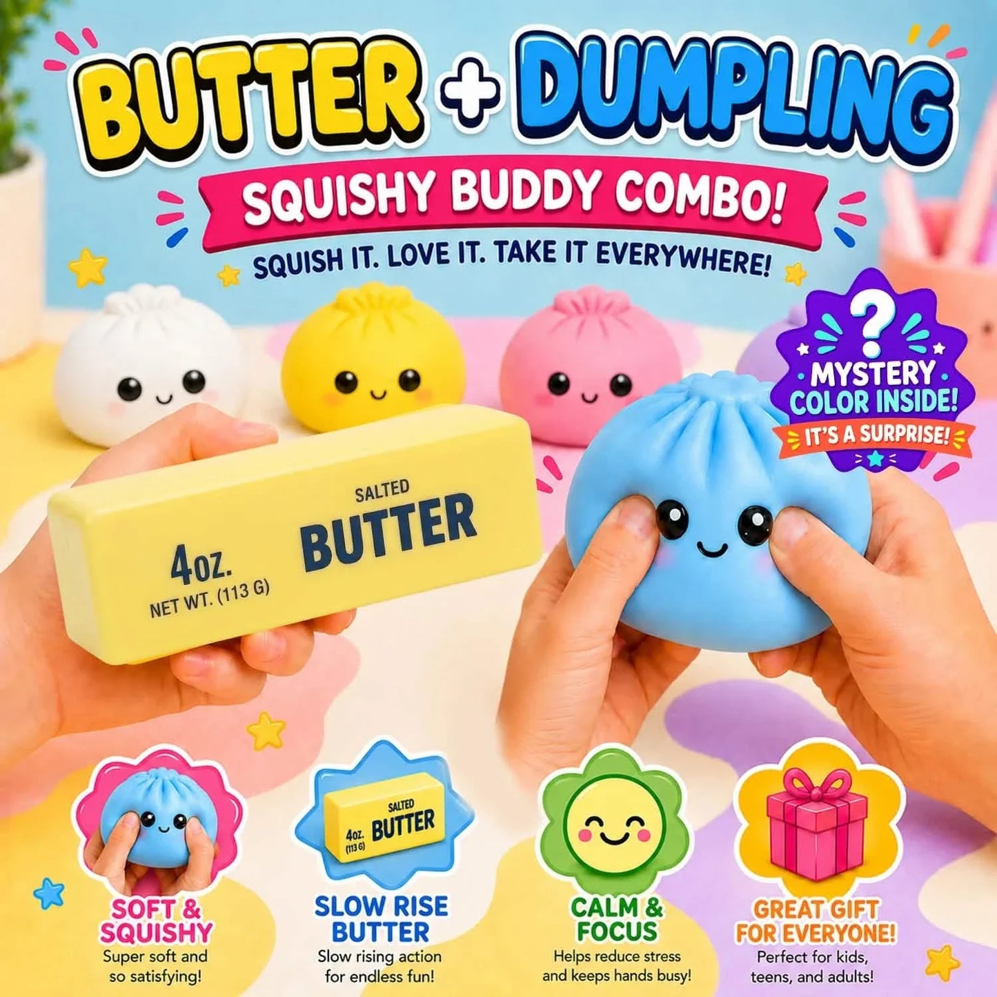 2-Pack: Squishy Dumpling & Butter Combo Pack – Slow Rising Fidget Toys DailySale