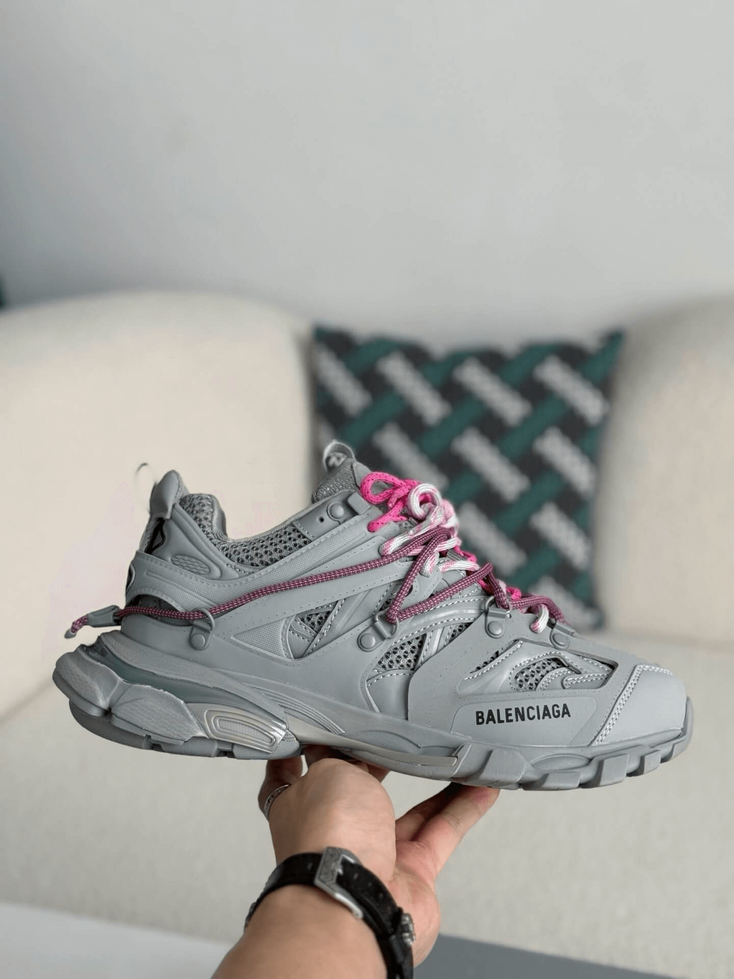 Balenciaga Track Sneaker in Grey with Pink Trail Laces CUSTOM