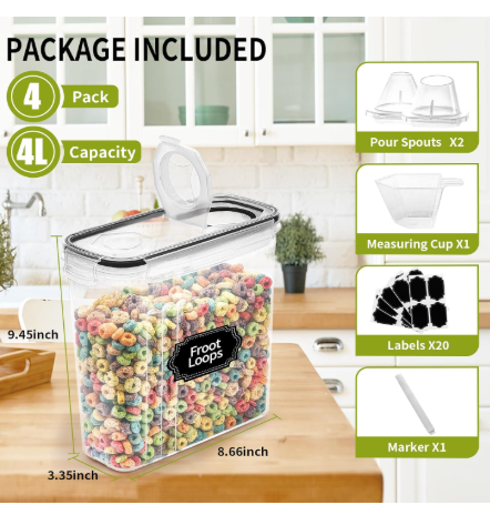 4-Piece Set: Airtight Cereal Storage Containers with Pour Spouts & Measuring Cup – 4L Kitchen Pantry Organizer DailySale