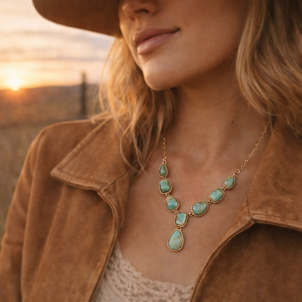 Genuine Blue Turquoise Roped Golden Bronze Y Necklace Barse Jewelry